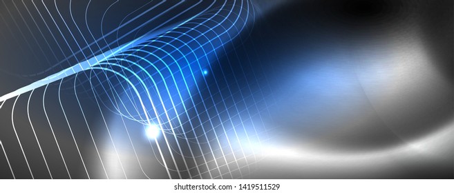 Leuchtende Neontechno-Vorlage. Neonfarbener Hintergrund, Laserstrahlen im Stil der 80er Jahre. Vektorgrafik