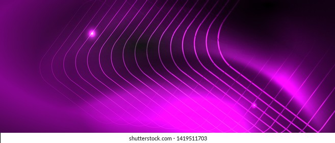 Plantilla tecno de neón brillante. Fondo de líneas de neón, rayos láser al estilo de los años 80. Vector
