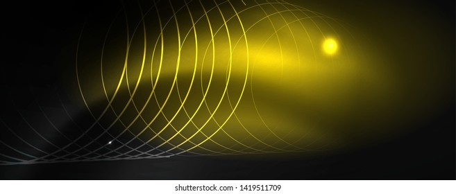 Plantilla tecno de neón brillante. Fondo de líneas de neón, rayos láser al estilo de los años 80. Vector