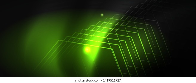 Plantilla tecno de neón brillante. Fondo de líneas de neón, rayos láser al estilo de los años 80. Vector