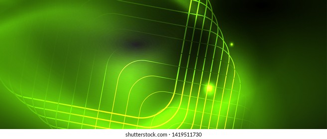 Plantilla tecno de neón brillante. Fondo de líneas de neón, rayos láser al estilo de los años 80. Vector