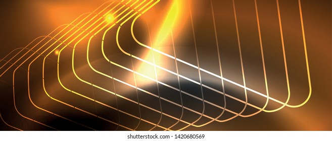 Plantilla tecno de neón brillante. Fondo de líneas de neón, rayos láser al estilo de los años 80. Vector