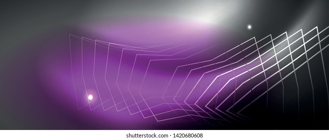 Plantilla tecno de neón brillante. Fondo de líneas de neón, rayos láser al estilo de los años 80. Vector