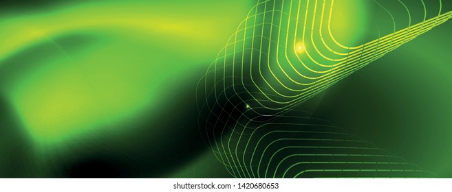 Plantilla tecno de neón brillante. Fondo de líneas de neón, rayos láser al estilo de los años 80. Vector