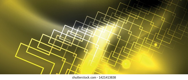 Plantilla tecno de neón brillante. Fondo de líneas de neón, rayos láser al estilo de los años 80. Vector