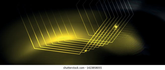 Shiny neon techno template. Neon lines background, 80s style laser rays. Vector