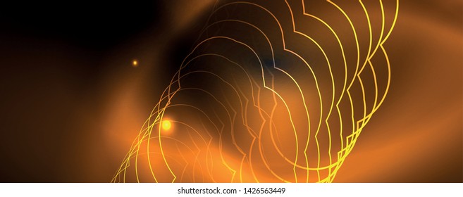 Plantilla tecno de neón brillante. Fondo de líneas de neón, rayos láser al estilo de los años 80. Vector