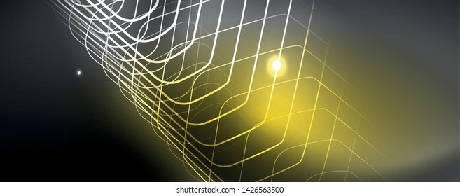 Shiny neon techno template. Neon lines background, 80s style laser rays. Vector