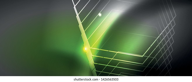 Modelo de tecno de neon brilhante. Plano de fundo de linhas de néon, raios laser estilo dos anos 80. Vetor