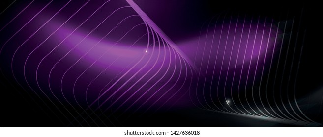 Plantilla tecno de neón brillante. Fondo de líneas de neón, rayos láser al estilo de los años 80. Vector