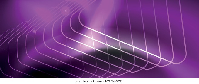 Plantilla tecno de neón brillante. Fondo de líneas de neón, rayos láser al estilo de los años 80. Vector