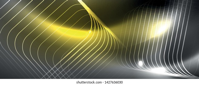 Plantilla tecno de neón brillante. Fondo de líneas de neón, rayos láser al estilo de los años 80. Vector