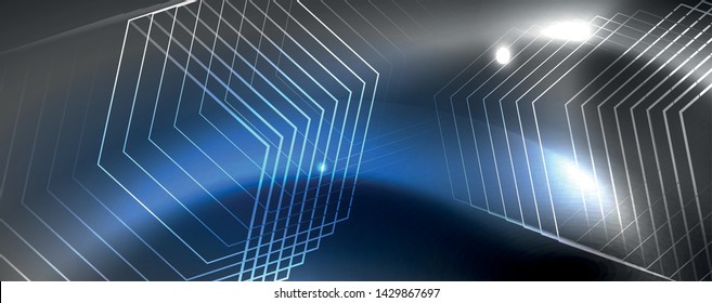 Plantilla tecno de neón brillante. Fondo de líneas de neón, rayos láser al estilo de los años 80. Vector