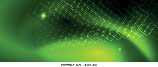 Plantilla tecno de neón brillante. Fondo de líneas de neón, rayos láser al estilo de los años 80. Vector