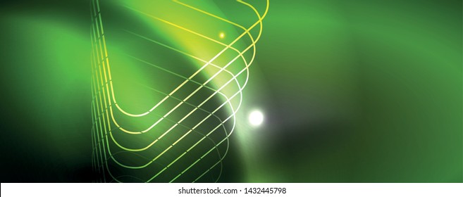 Shiny neon techno template. Neon lines background, 80s style laser rays. Vector