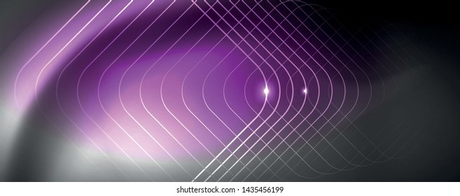 Shiny neon techno template. Neon lines background, 80s style laser rays. Vector