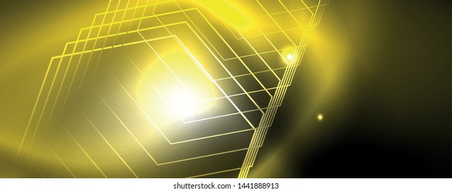 Shiny neon techno template. Neon lines background, 80s style laser rays. Vector