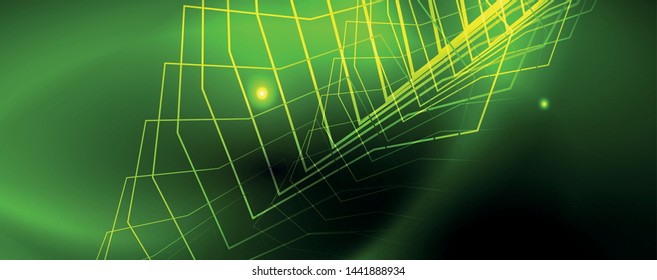 Plantilla tecno de neón brillante. Fondo de líneas de neón, rayos láser al estilo de los años 80. Vector