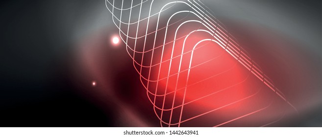 Plantilla tecno de neón brillante. Fondo de líneas de neón, rayos láser al estilo de los años 80. Vector