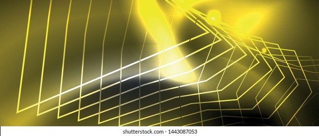 Plantilla tecno de neón brillante. Fondo de líneas de neón, rayos láser al estilo de los años 80. Vector