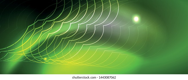 Shiny neon techno template. Neon lines background, 80s style laser rays. Vector