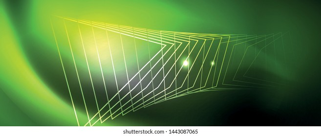 Plantilla tecno de neón brillante. Fondo de líneas de neón, rayos láser al estilo de los años 80. Vector