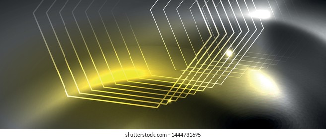 Shiny neon techno template. Neon lines background, 80s style laser rays. Vector