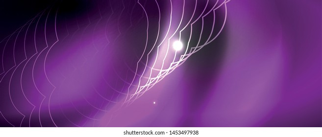 Plantilla tecno de neón brillante. Fondo de líneas de neón, rayos láser al estilo de los años 80. Vector