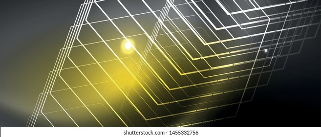 Plantilla tecno de neón brillante. Fondo de líneas de neón, rayos láser al estilo de los años 80. Vector