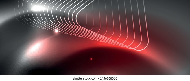 Plantilla tecno de neón brillante. Fondo de líneas de neón, rayos láser al estilo de los años 80. Vector
