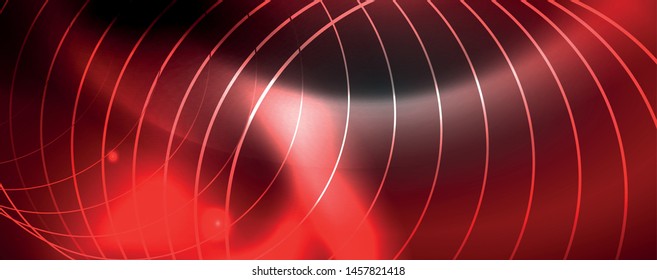 Plantilla tecno de neón brillante. Fondo de líneas de neón, rayos láser al estilo de los años 80. Vector