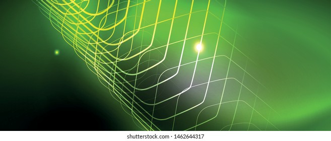 Leuchtende Neontechno-Vorlage. Neonfarbener Hintergrund, Laserstrahlen im Stil der 80er Jahre. Vektorgrafik