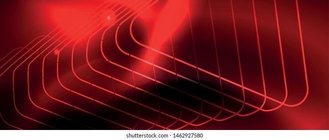 Plantilla tecno de neón brillante. Fondo de líneas de neón, rayos láser al estilo de los años 80. Vector