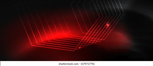 Plantilla tecno de neón brillante. Fondo de líneas de neón, rayos láser al estilo de los años 80. Vector