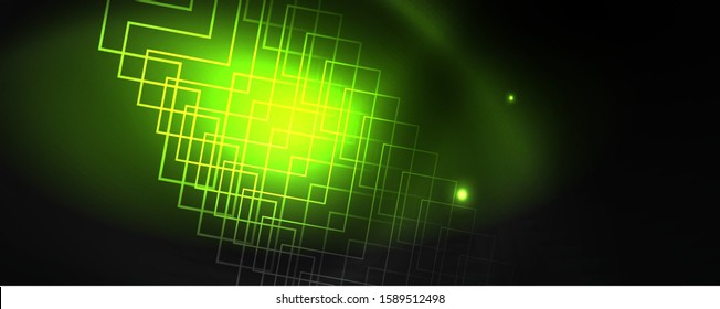 Plantilla tecno de neón brillante. Fondo de líneas de neón, rayos láser al estilo de los años 80. Vector