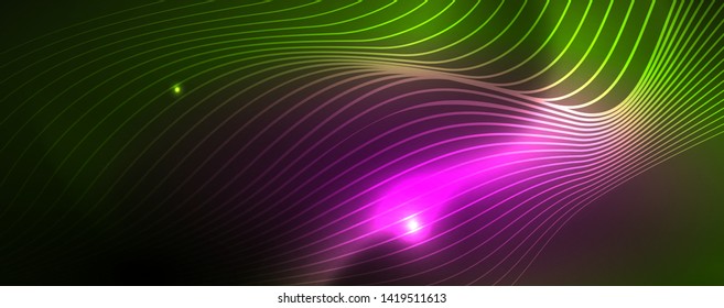 Fondo abstracto de línea de onda de neón brillante, concepto de movimiento, ilustración vectorial