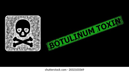 Shiny net death box frame with light dots, and green rectangular scratched Botulinum Toxin seal print. Constellation vector frame created from death box symbol and crossed white lines.