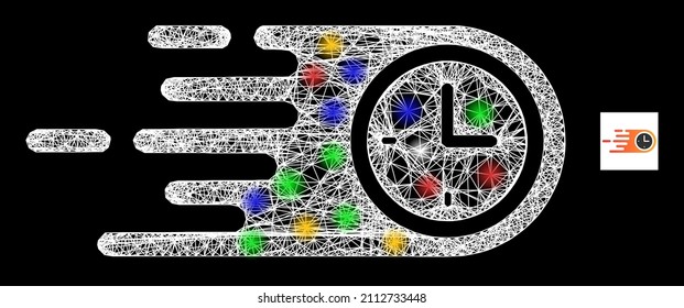 Shiny net fast clock with colorful lightspots. Illuminated vector mesh created from fast clock icon. Sparkle frame mesh fast clock, on a black backgound.