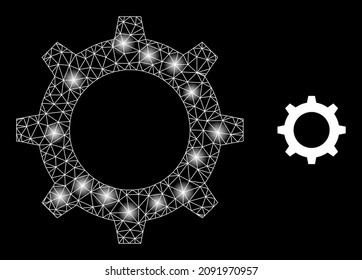 Icono de la red de engranajes de red brillante con puntos iluminados. Constelación iluminada generada con el icono vectorial de engranajes. Engranaje poligonal de tela de canal iluminado, sobre un fondo negro.