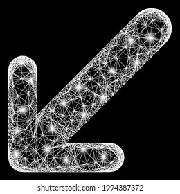 Shiny net mesh arrow down left model with lightspots. Illuminated vector carcass created from arrow down left symbol and crossing white lines. Sparkle carcass mesh arrow down left,