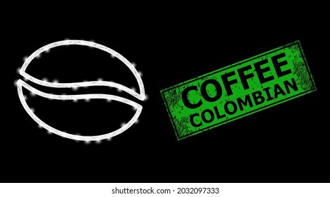 Shiny net mesh cacao beans carcass with glowing spots, and green rectangle corroded Coffee Colombian badge. Illuminated vector carcass created from cacao beans icon and intersected white lines.