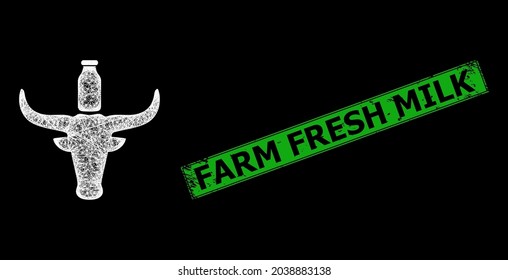 Shiny net mesh cow milk wireframe with light dots, and green rectangle textured Farm Fresh Milk seal imitation. Constellation vector mesh created from cow milk icon and crossed white lines.