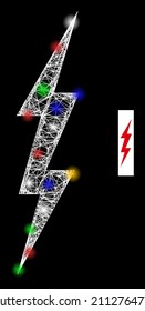 Shiny net mesh electrical bolt with vibrant lightspots. Illuminated vector mesh created from electrical bolt symbol. Sparkle carcass mesh electrical bolt, on a black backgound.