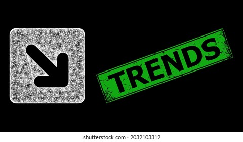 Modelo de dirección hacia abajo de malla de red brillante con puntos brillantes y huella de sellado de goma de rectángulo verde Trends. Marco vectorial iluminado creado a partir del icono de dirección descendente y líneas blancas cruzadas.