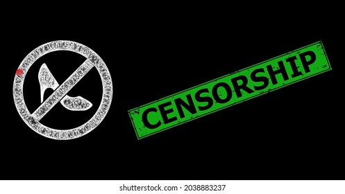 Shiny net mesh stop lady shoes carcass with light dots, and green rectangle corroded Censorship stamp seal. Illuminated vector carcass created from stop lady shoes symbol and intersected white lines.