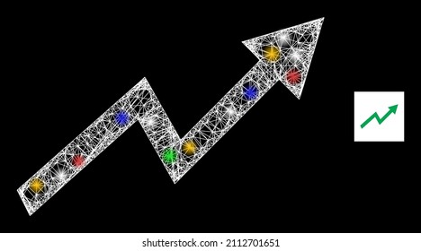 Una flecha de tendencia de malla de red brillante con manchas de luz coloreadas. Malla vectorial iluminada creada a partir del icono de flecha de tendencia ascendente. Sparkle frame mesh de la flecha de tendencia hacia arriba, sobre un fondo negro.