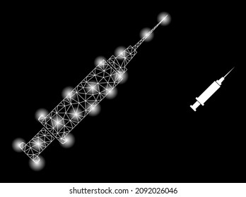 Icono de la red de la jeringa brillante con puntos majestuosos. Constelación iluminada generada con el icono del vector de la jeringa. Jeringa poligonal de la carcasa de la constelación, sobre un fondo negro.
