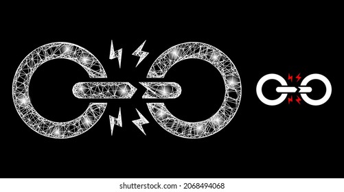 Shiny network broken chain link with light spots. Wire carcass flat mesh generated with crossing white lines and broken chain link icon.