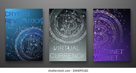 	
Shiny network connection bitcoin cryptocurrency voucher set. Triangles and hexagons. Abstract space with stars design. Techno modern bitcoin crypto currency logo style. Vector illustration. EPS 10.