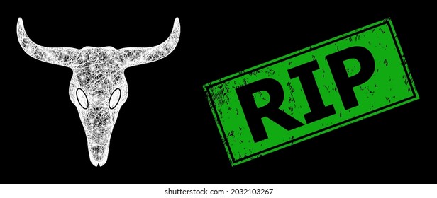 Shiny network dead bull head frame with flash nodes, and green rectangular unclean RIP seal print. Constellation vector frame created from dead bull head symbol and crossing white lines.